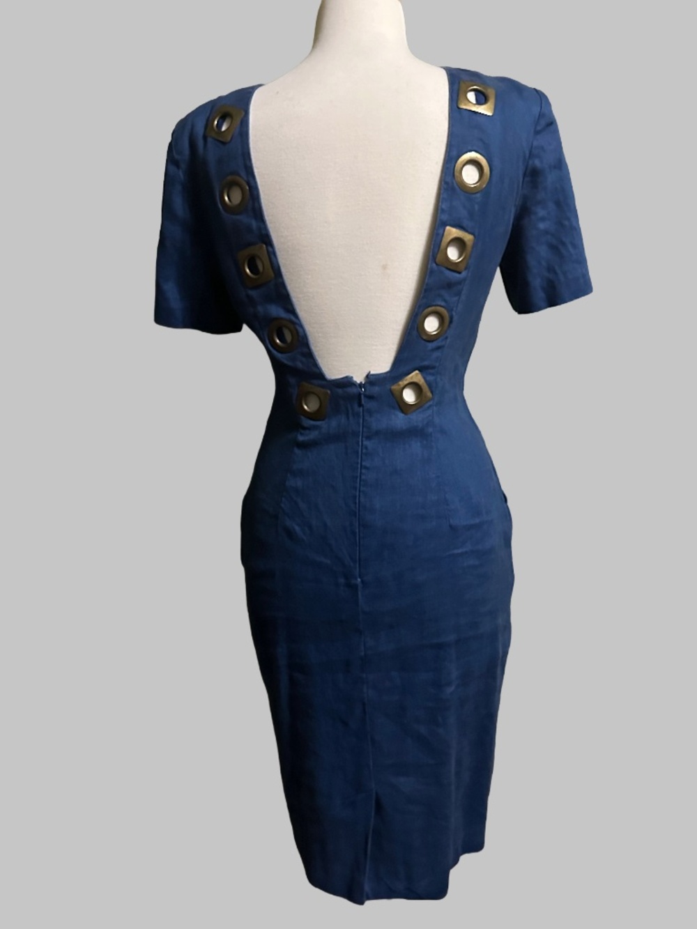 Vtg 80s 90s Andrea Jovine Backless Linen Grommet Midi Dress Blue 4 Pockets
